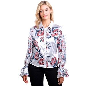Floral Satin Blouse Womens M White Ruffle Sleeve Bell Cuff Button Up